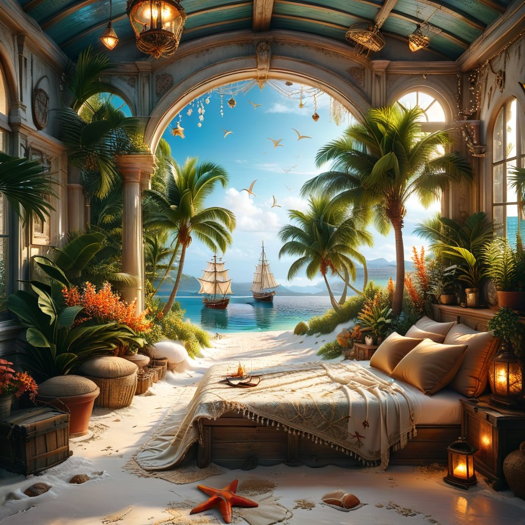 ((ultra realistic photo)), a cute disordered shabby ragged style pirate balcony on the white sand, dusty worn-out walls,spiderwebs on the wall, scattered white blanket on the sofa, creased white rug, shabby bean-bed, little treasure chest as table, huge window, great amazing view to the south pacific lagoon, , detailed beach , scattered blankets here and there, tiny delicate sea-shell, little delicate starfish, sea ,(very detailed amazing view to the tropical lagoon, SEA SHORE, PALM TREES, sailing ship, DETAILED LANDSCAPE, COLORFUL) (GOLDEN HOUR LIGHTING),Tim Burton Style