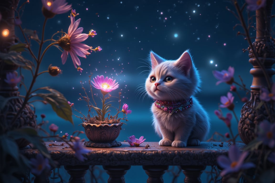 A detailed enchanted balcony scene at night, where a beautifully crafted balcony offers a mesmerizing view of the tranquil sea under the starry sky. A tiny, fluffy, cute and funny Cheshire Cat SMILING with expressive eyes stands next to an enchanted flower that softly glows, illuminating the cat’s fur. Airborne dust particles float around, catching the light and adding a touch of magic to the air. The cat’s pose is playful, as if it’s interacting with the flower. The image blends realism with a fairy-tale-like charm, creating a peaceful and magical atmosphere.