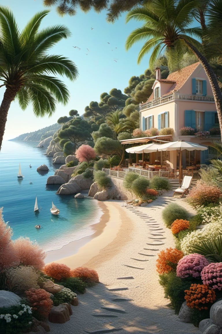 A serene NIzza beach scene unfolds before us. Little apartman house with terrace. Soft white sand stretches beneath the gentle sway of trees, while a family plays and laughs together and sunbathe. In the distance, a majestic sailing ship glides across the calm sea, its sails billowing in the breeze. Blankets scatter the shore, topped with tiny treasures: delicate sea-shells and starfish. The highly detailed landscape, reminiscent of Jean-Jacques Sempé's whimsical illustrations from Petit Nicolas, comes to life in PASTEL SHADES.,3dmdt1,3D, ,Sexy Toon,3D MODEL,christmas,edgeofthetoonin3d,3d