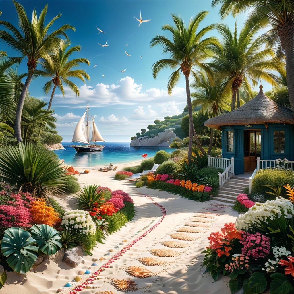 A serene Riviera beach scene unfolds before us. Little apartman house with terrace. Soft white sand stretches beneath the gentle sway of  trees, while a family plays and laughs together and sunbathe. In the distance, a majestic sailing ship glides across the calm sea, its sails billowing in the breeze. Blankets scatter the shore, topped with tiny treasures: delicate sea-shells and starfish. The highly detailed landscape, reminiscent of Jean-Jacques Sempé's whimsical illustrations from Petit Nicolas, comes to life in vibrant colors.