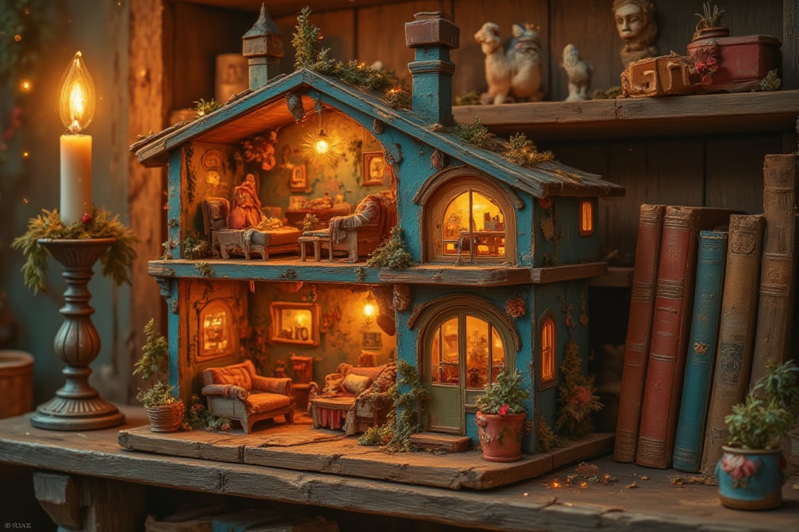 A detailed, modern style dollhouse, filled with colorful bohemian decor, sits on a bookshelf surrounded by antique books and a glowing Christmas candlestick. The dollhouse is adorned with tiny, intricate details, and the antique books give the shelf a vintage, timeless feel. The Christmas candlestick casts a warm glow, creating a magical atmosphere that emanates from the shelf, blending the charm of the hippie dollhouse with the festive spirit of the holidays.