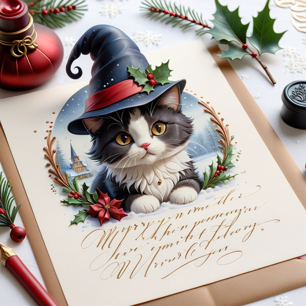 a beautifully decorated calligraphic handwritten CHRISTMAS style letter, with beautiful handwriting, wax seal, anatomically correct cute cat pencil sketch decorate the letter, snow piles on the letter, christmas decorations around the letter, christmas decorations on the letter,InkyCapWitchyHat,a1sw-InkyCapWitch