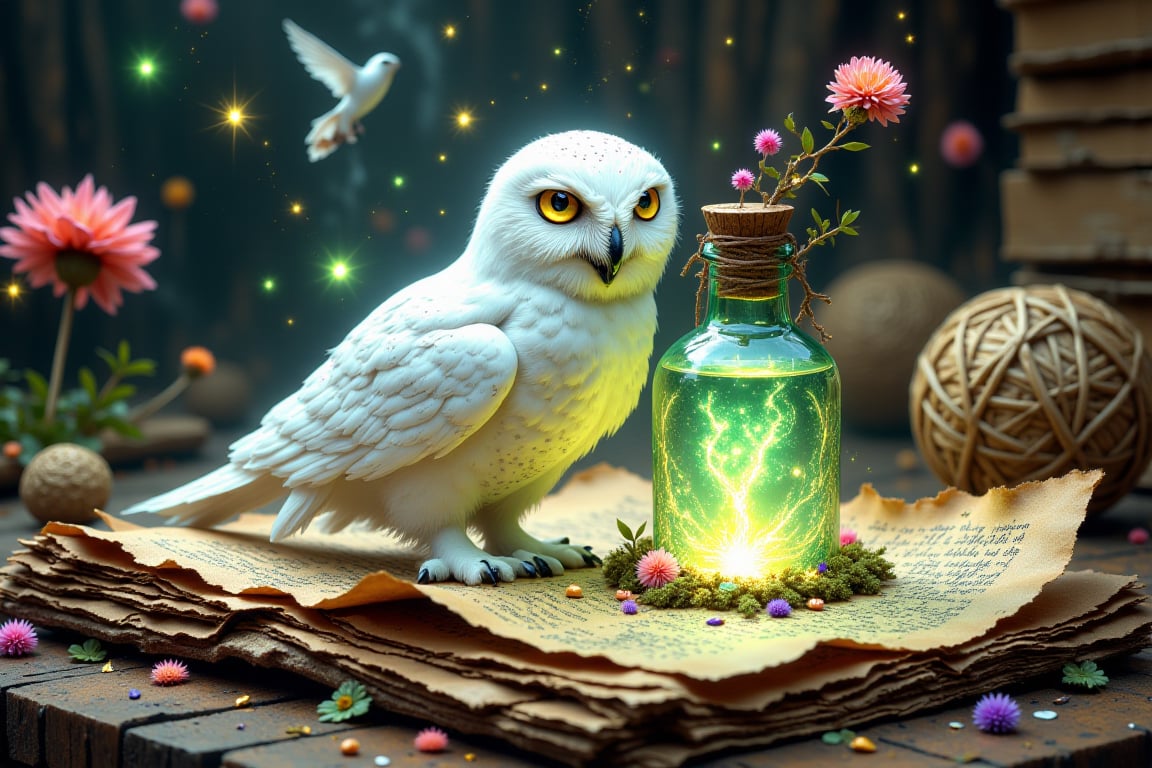 ((ultra realistic photo)), artistic sketch art, Make a little pencil sketch of a cute  snow owl From Harry Potter sitting on an old TORN EDGE paper , art, textures, pure perfection, high definition, feathers around, TINY DELICATE FLOWERS, ball of yarn, cushion, pillow on the paper, wild berries, detailed calligraphy texts, TINY delicate drawings, tiny delicate signature .The bottle’s glow casts a magical aura over the scene, creating an atmosphere of forgotten spells, ancient magic, and hidden secrets. fireflies around the bottle. The bottle labelled with the text "save the planet"! SOME Tiny, vibrant flower and moss encircle the letter. The overall scene is tranquil yet mystical, with nature reclaiming the old magical relic. The overall scene is whimsical, serene, and full of enchantment.