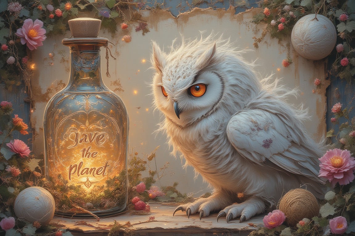 ((ultra realistic photo)), artistic sketch art, Make a little pencil sketch of a cute LITTLE snow-owl on an old TORN EDGE paper , art, textures, pure perfection, high definition, feather around, TINY DELICATE FLOWERS, wild berries, ball of yarn, cushion, pillow on the paper, detailed calligraphy texts, TINY delicate drawings, tiny delicate signature .The bottle’s glow casts a magical aura over the scene, creating an atmosphere of forgotten spells, ancient magic, and hidden secrets. fireflies around the bottle. The bottle labelled with the text "save the planet"! SOME Tiny, vibrant flower and moss encircle the letter. The overall scene is tranquil yet mystical, with nature reclaiming the old magical relic. The overall scene is whimsical, serene, and full of enchantment.. A magical scene filled with a fairy-tale, mystical Christmas atmosphere