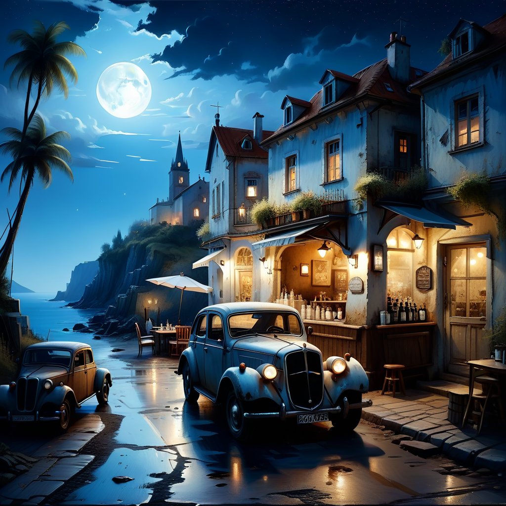 Old village on the sea night time, nice view, an old vintage car on the road, a little coffee shop, Jean-Baptiste Monge, Kukharskiy Igor, Thomas wells schaller style, ghostly, Nizza, summer,island,DonM3lv3nM4g1cXL,stworki,style,Apoloniasxmasbox,DonMD0n7P4n1cXL