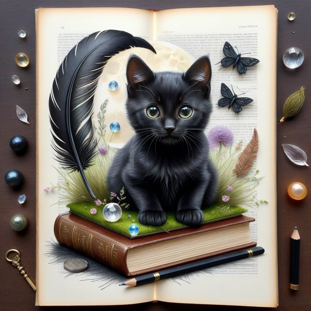 ((ultra realistic photo)), artistic sketch art, Make a little pencil sketch of a CUTE BLACK CAT on an old TORN EDGE BOOK PAGE , art, textures, pure perfection, high definition, feather around, DELICATE FLOWERS, ball of yarn, SHINY COIN, grass fiber on the paper, LITTLE MOON, MOONLIGHT, TINY MUSHROOM, PETALS, SPIDERWEB, CRYSTAL, MOSS FIBER , TEALIGHT, DELICATE CELTIC ORNAMENT, BUNCH OF KEYS, detailed calligraphy text, tiny delicate drawings, DISORDERED