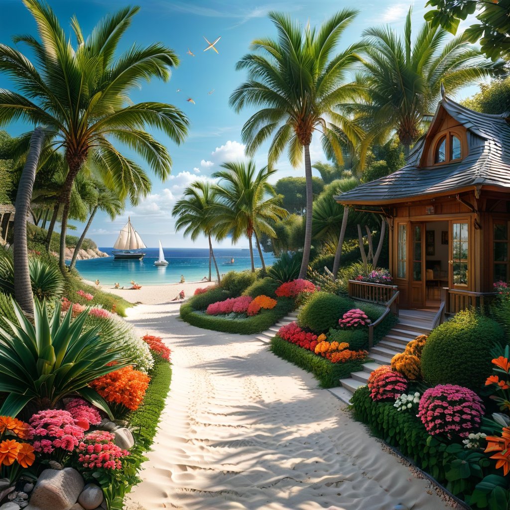 A serene Riviera beach scene unfolds before us. Little apartman house with terrace. Soft white sand stretches beneath the gentle sway of  trees, while a family plays and laughs together and sunbathe. In the distance, a majestic sailing ship glides across the calm sea, its sails billowing in the breeze. Blankets scatter the shore, topped with tiny treasures: delicate sea-shells and starfish. The highly detailed landscape, reminiscent of Jean-Jacques Sempé's whimsical illustrations from Petit Nicolas, comes to life in vibrant colors.