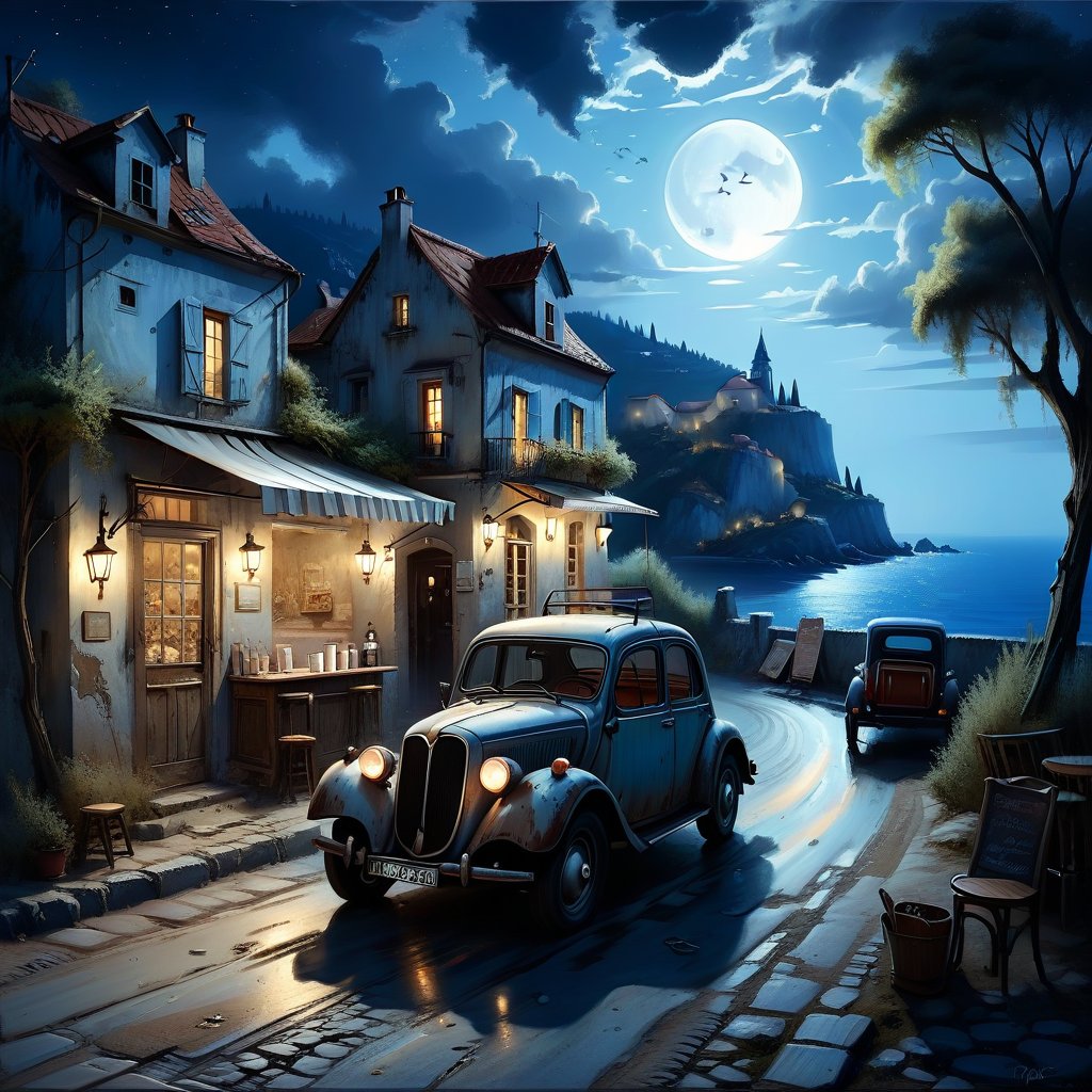 Old village on the sea night time, nice view, an old vintage car on the road, a little coffee shop, Jean-Baptiste Monge, Kukharskiy Igor, Thomas wells schaller style, ghostly, Nizza, summer,island,DonM3lv3nM4g1cXL,stworki,style,Apoloniasxmasbox,DonMD0n7P4n1cXL