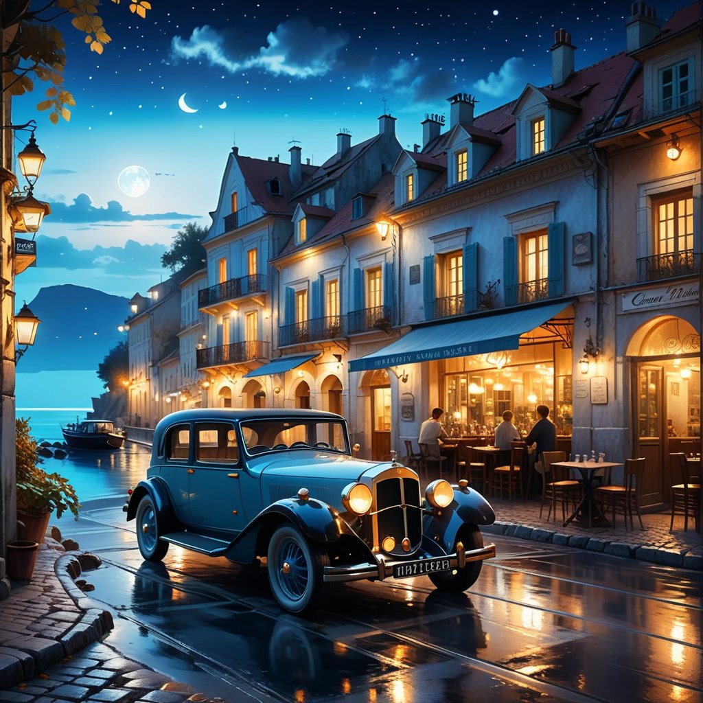  Old village on the sea night time, nice view, an old vintage car on the road, a little coffee shop, Jean-Baptiste Monge, Kukharskiy Igor, Thomas wells schaller style, ghostly, Nizza bay