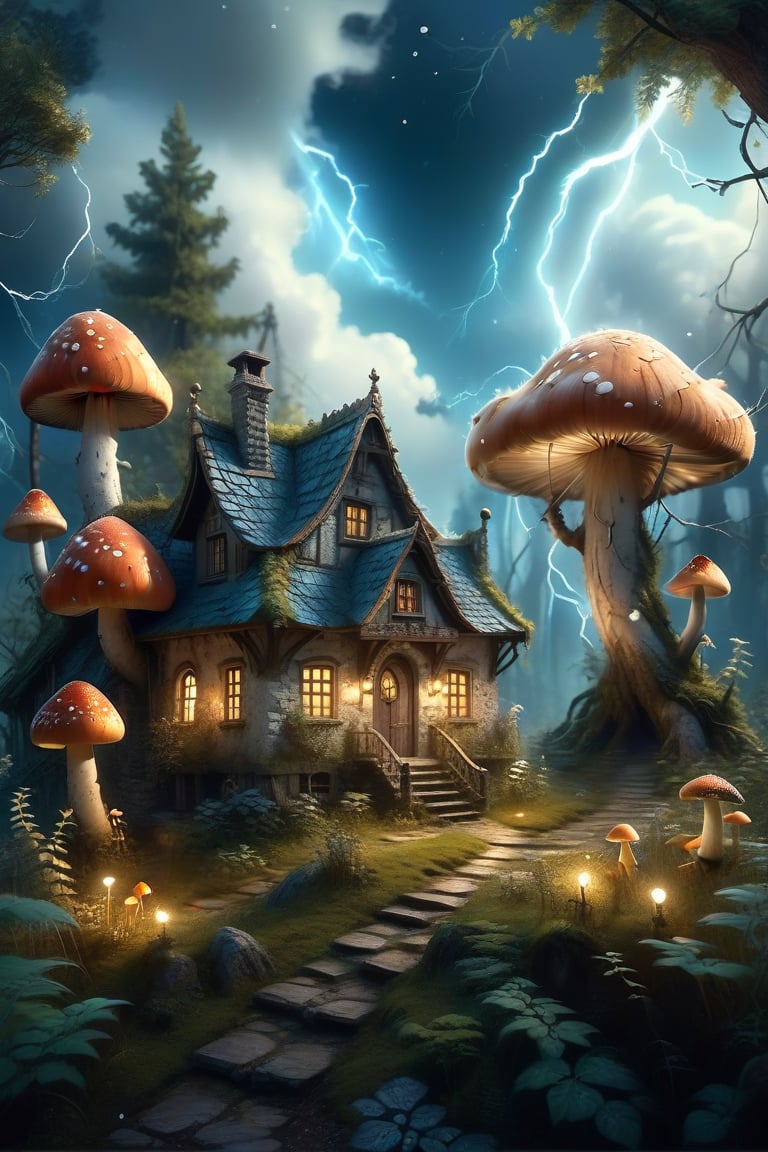 fluffy CLOUD AND THUNDER above a little cottage  on  the dark forest path,  trees and moss AROUND and little dotted mushrooms , Jean-Baptiste Monge, Kukharskiy Igor, Thomas wells schaller style, ghostly scenery, Nazar Noschenko Modifiers: dof trending on cgsociety steampunk fantastic view ultra detailed 4K 3D whimsical Storybook beautiful, etheral Quirky Exquisite highly intricate stunning color depth disorderly outstanding cute illustration cuteaesthetic Boris Vallejo style shadow play The mood is Mysterious and Spellbinding, with a sense of otherworldliness,  macro photography style LEONARDO DIFFUSION XL STYLE vintage
