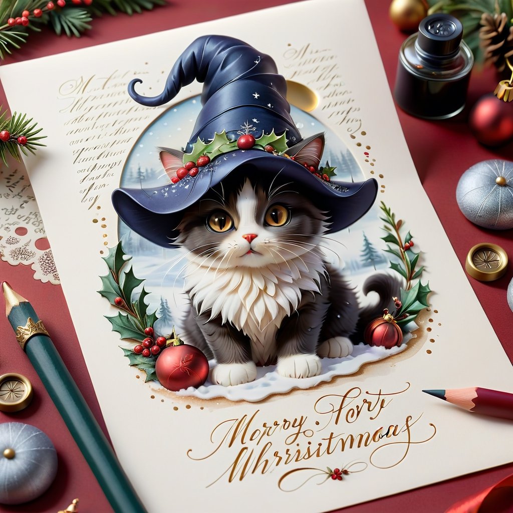 a beautifully decorated calligraphic handwritten CHRISTMAS style letter, with beautiful handwriting, wax seal, anatomically correct cute cat pencil sketch decorate the letter, snow piles on the letter, christmas decorations around the letter, christmas decorations on the letter,InkyCapWitchyHat,a1sw-InkyCapWitch