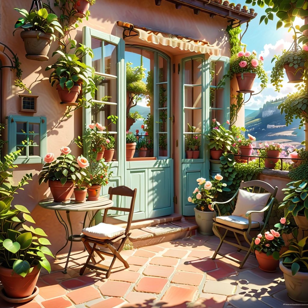 a miniature scene of a magical PROVENCE BALCONY with many potted plants and chairs, plants and terrace, summer morning light, beautiful terrace, garden at home, summer EVENING light, brilliant EVENING light, afternoon light, afternoon sun, garden environment, cozy place, lush flowers outdoors, afternoon light, ivy, bonsai, roses, table, stool, score_9_up,disney cartoon
