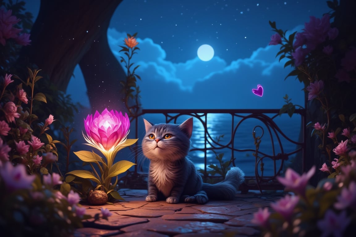 A detailed enchanted balcony scene at night, where a beautifully crafted balcony offers a mesmerizing view of the tranquil sea under the starry sky. A tiny, fluffy, cute and funny Cheshire Cat SMILING with expressive eyes stands next to an enchanted flower that softly glows, illuminating the cat’s fur. Airborne dust particles float around, catching the light and adding a touch of magic to the air. The cat’s pose is playful, as if it’s interacting with the flower. The image blends realism with a fairy-tale-like charm, creating a peaceful and magical atmosphere.