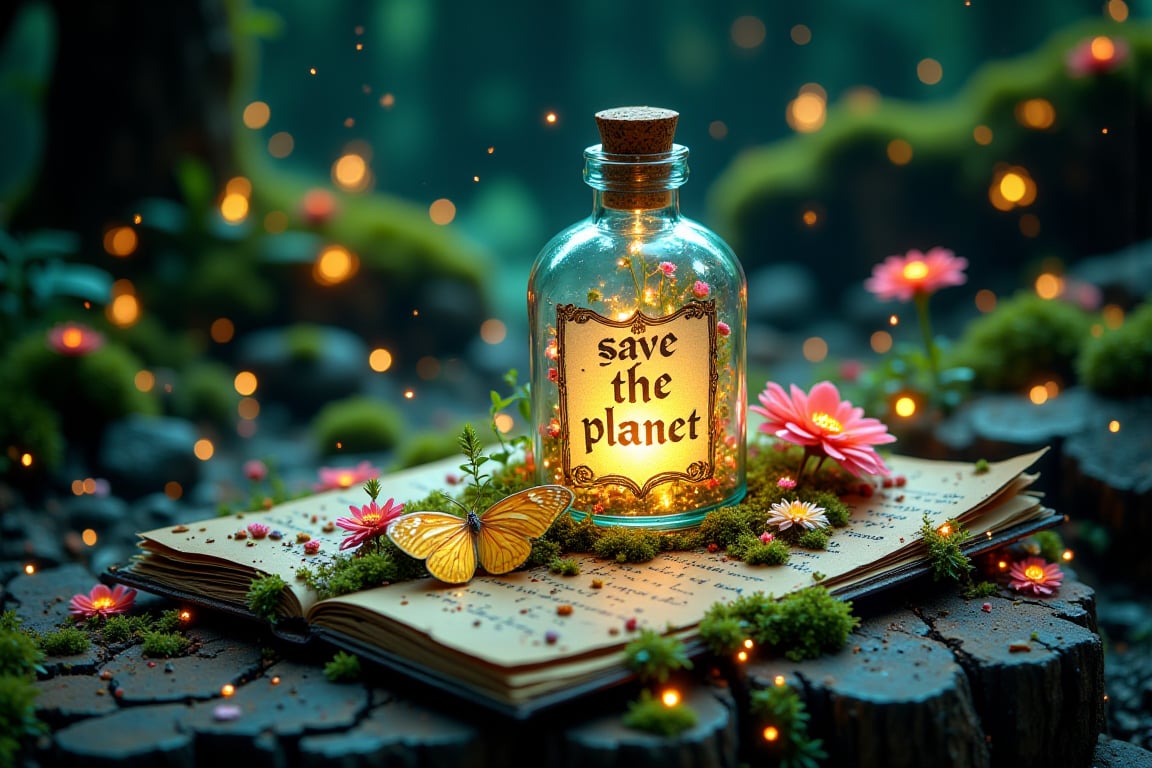 A translucent glass potion bottle filled with shimmering, magical little colorful garden with beautiful various tiny flowers, sitting on top of an antique opened beautiful letter with it's pages beautifully handwritten with anchient scripts, fireflies around the bottle. The bottle labelled with the text "save the planEt"! SOME Tiny, vibrant flower and moss encircle the letter, some of them glowing softly in the dim light. One beautiful unearthly aglow tropical butterfly sitting on the letter. The bottle’s glow casts a magical aura over the scene, creating an atmosphere of forgotten spells, ancient magic, and hidden secrets. The overall scene is tranquil yet mystical, with nature reclaiming the old magical relic. The overall scene is whimsical, serene, and full of enchantment.