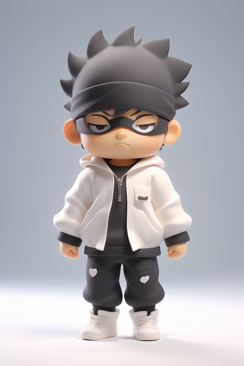 Full body, 3d artwork,  super cute boy, Gojo Satoru_Jujutsu kaisen, black brown eyes, pop mart toys,  front view, super detail, blind box, T pose,Cute male anime character with black blindfold on, in a jacket with a Beanie curly black hair half teeshirt ripped jeanscyberpunk 2077 poster art, unreal engine, cozy indoor lighting, artstation, best quality, 3d icon clay render, blender, OC renderer, full body reference sheet, dribble, high detailed, 8k, studio lighting, 3D rendering, Nintendo trendy, best details, higdefinition, high resolution,cute cartoon 

