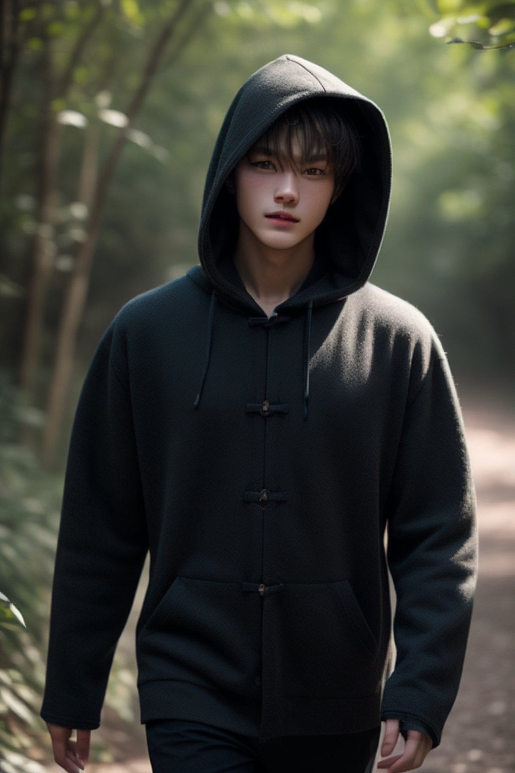 The messy long-haired boy wears a black shawl and hood, fascinating, extraordinary feeling, beautiful natural background close-up, zoom details 4k, he is walking in the forest, handsome Chinese man