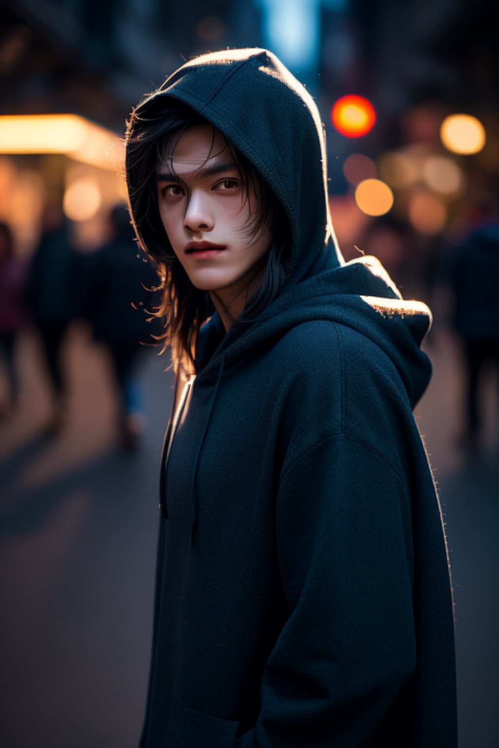 Boy with long hair wearing a shawl and hood admiring the beauty of blue hour, mesmerizing, unearthly feeling beautiful nature background close up look zoom detailed 4k, he is walking Santiago ,Handsome Chinese men