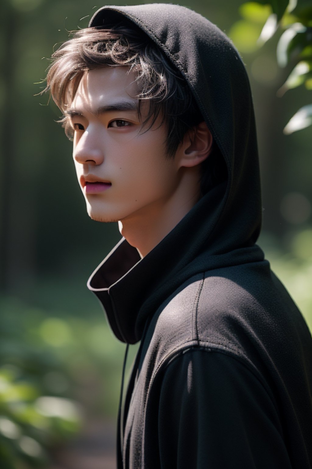 The messy long-haired boy wears a black shawl and hood, fascinating, extraordinary feeling, beautiful natural background close-up, zoom details 4k, he is walking in the forest, handsome Chinese man