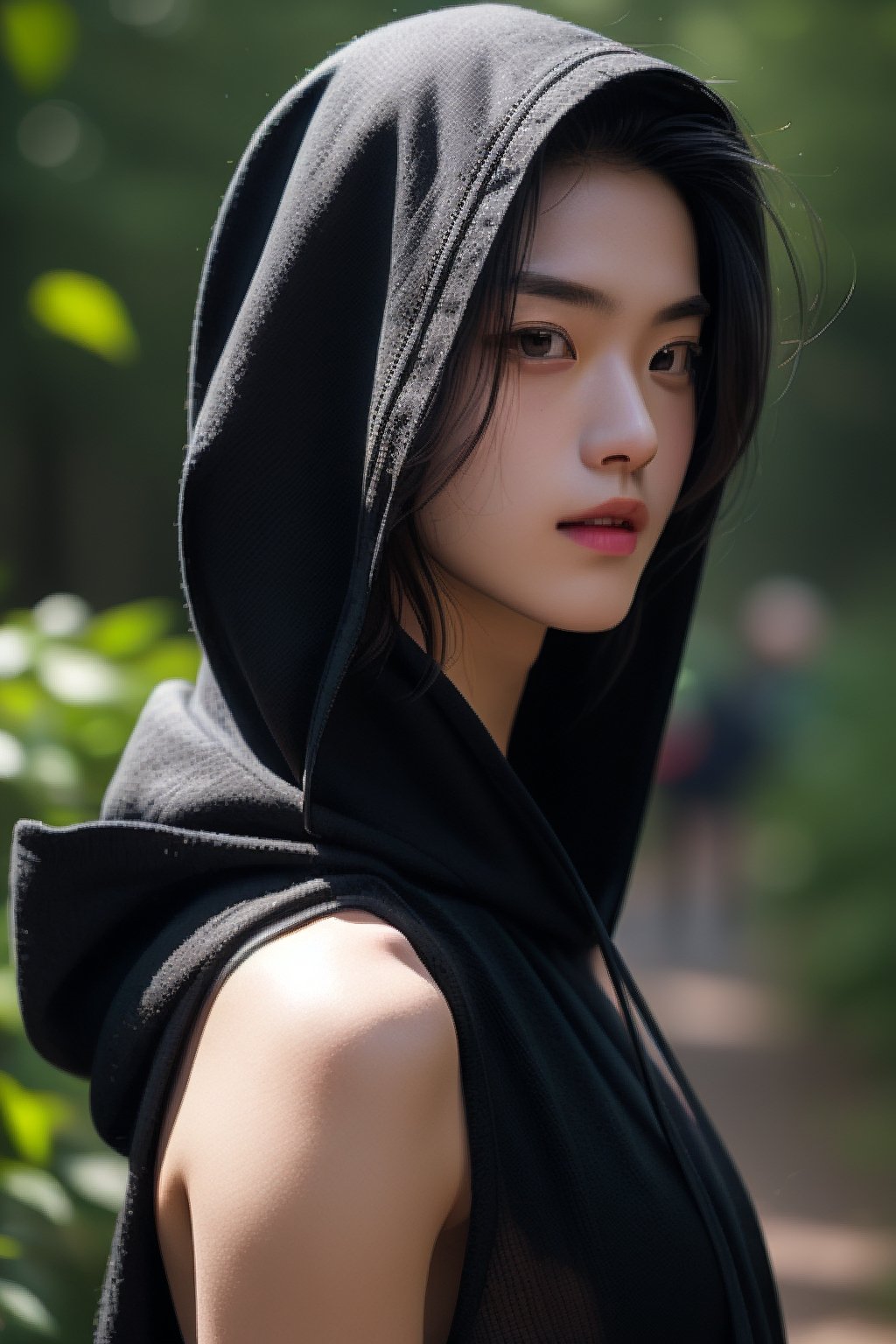 The messy long-haired boy wears a black shawl and hood, fascinating, extraordinary feeling, beautiful natural background close-up, zoom details 4k, he is walking in the forest, handsome Chinese man