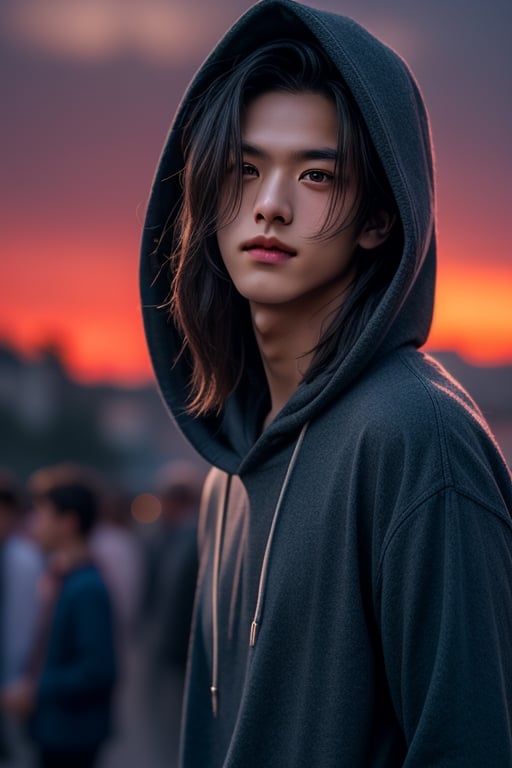 Boy with long hair wearing a shawl and hood admiring the beauty of blue hour, mesmerizing, unearthly feeling beautiful nature background close up look zoom detailed 4k, he is walking Santiago ,Handsome Thai Men