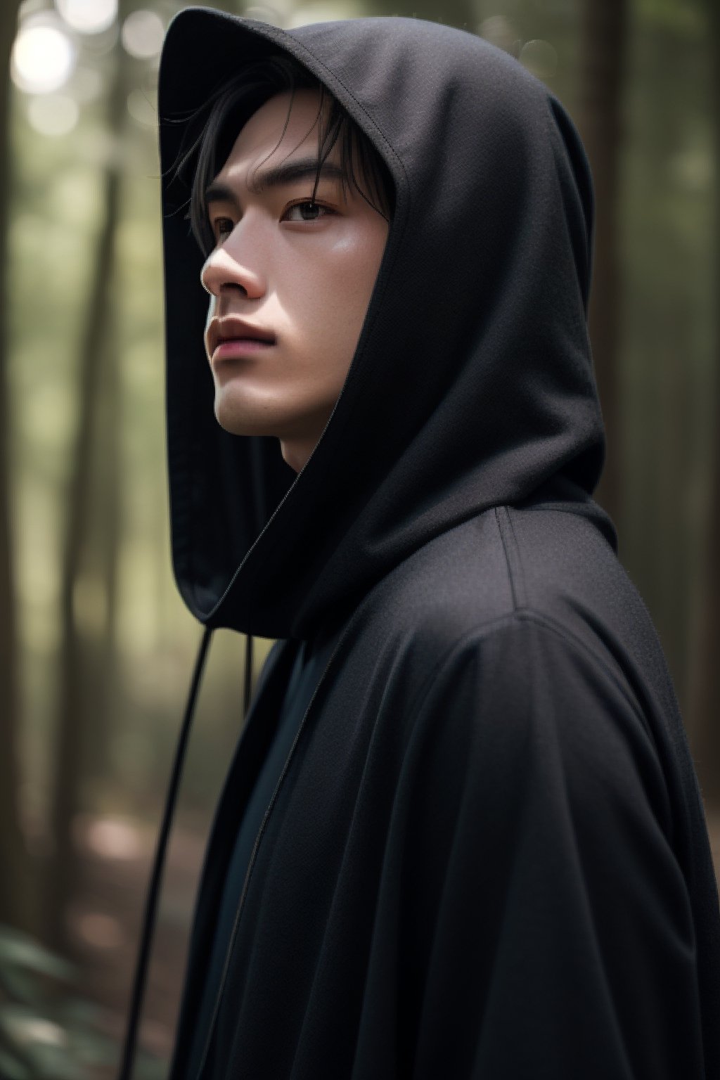 The messy long-haired boy wears a black shawl and hood, fascinating, extraordinary feeling, beautiful natural background close-up, zoom details 4k, he is walking in the forest, handsome Chinese man