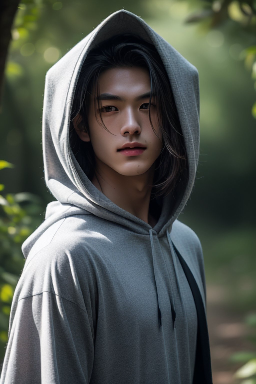 The messy long-haired boy wears a shawl and hood, fascinating, extraordinary feeling, beautiful natural background close-up, zoom details 4k, he is walking in the forest, handsome Chinese man