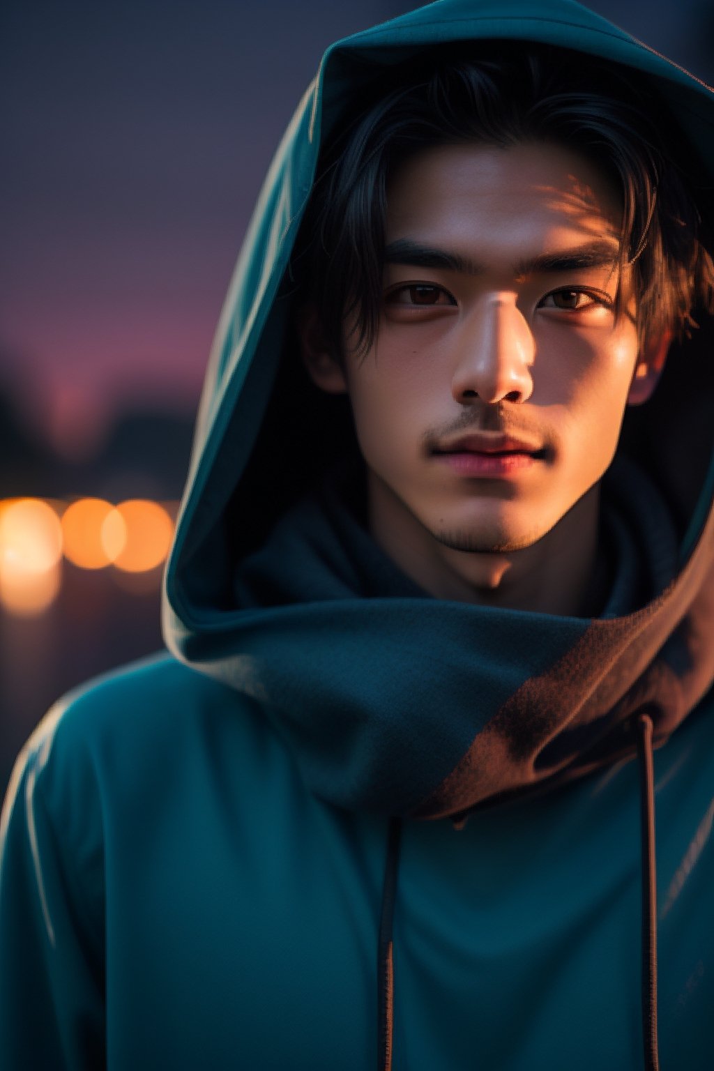 Boy with long hair wearing a shawl and hood admiring the beauty of blue hour, mesmerizing, unearthly feeling beautiful nature background close up look zoom detailed 4k, he is walking Santiago ,Handsome Chinese men