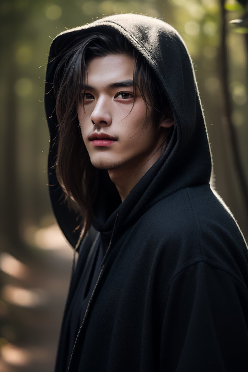 The messy long-haired boy wears a black shawl and hood, fascinating, extraordinary feeling, beautiful natural background close-up, zoom details 4k, he is walking in the forest, handsome Chinese man