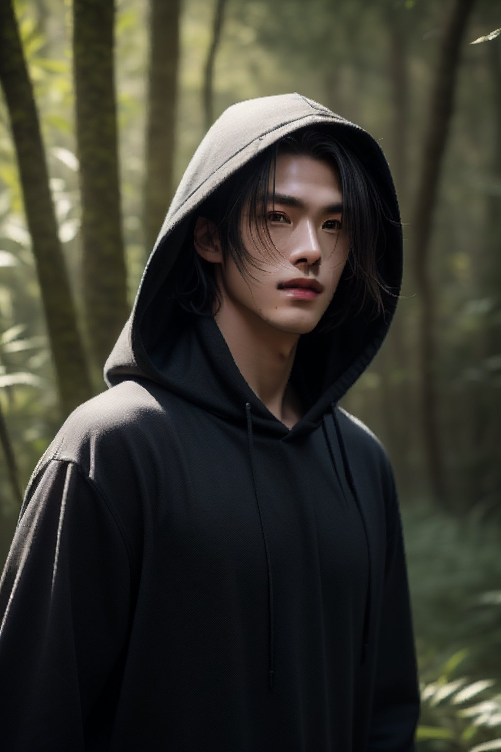 The messy long-haired boy wears a black shawl and hood, fascinating, extraordinary feeling, beautiful natural background close-up, zoom details 4k, he is walking in the forest, handsome Chinese man