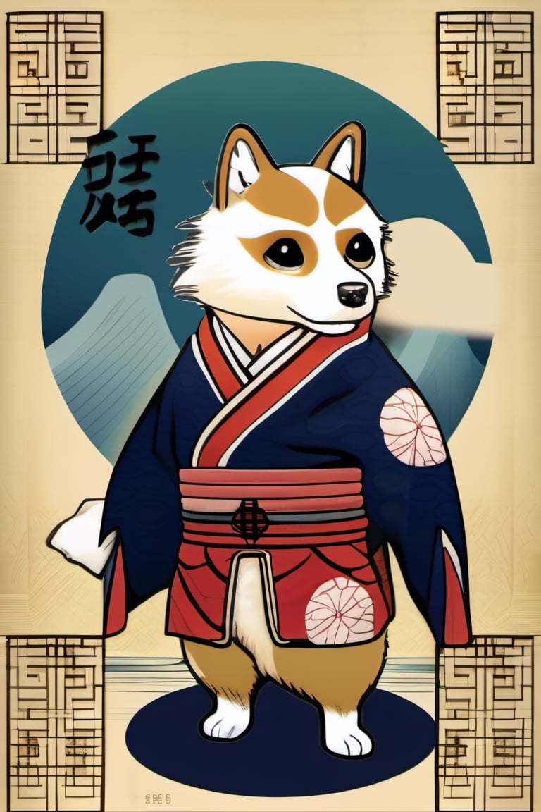 This illustration depicts a creature resembling the dog from the doge meme, deeply influenced by traditional Japanese aesthetics, especially the Ukiyo-e art style. Doge's overall colors and details are very refined. The doge wears an hystorically accurate samurai armor. The aged and textured background mimics old parchment or scrolls, enhancing the Ukiyo-e ambiance. This fusion of classical and futuristic elements showcases a harmonious blend of the past with the future.