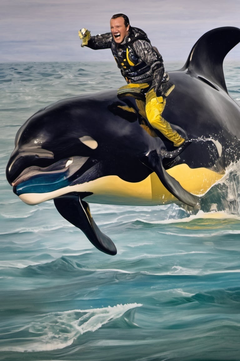 Batman,
 riding,
 orca killer whale ,
,food 