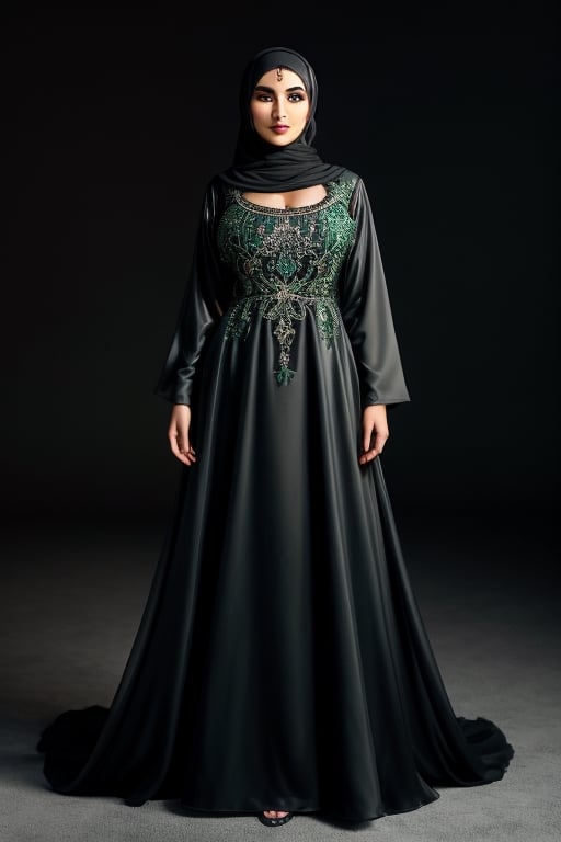 (+18) ,
1 man 1 woman , 
a couple husband and wife,
A sexy Arab woman , 
Wearing traditional Arabian abaya,
Black Long dress,
Satin dress,
Sexy tight dress ,
Open front abaya,
Hijab ,
Long Cleavage,
RAW photo, 
8k uhd, high quality, 
big lips,
((full_body shot)) ,
Simple background,
Green background,
m4d4m, 
hourglass body shape, ,
,IncursioPecEnvy