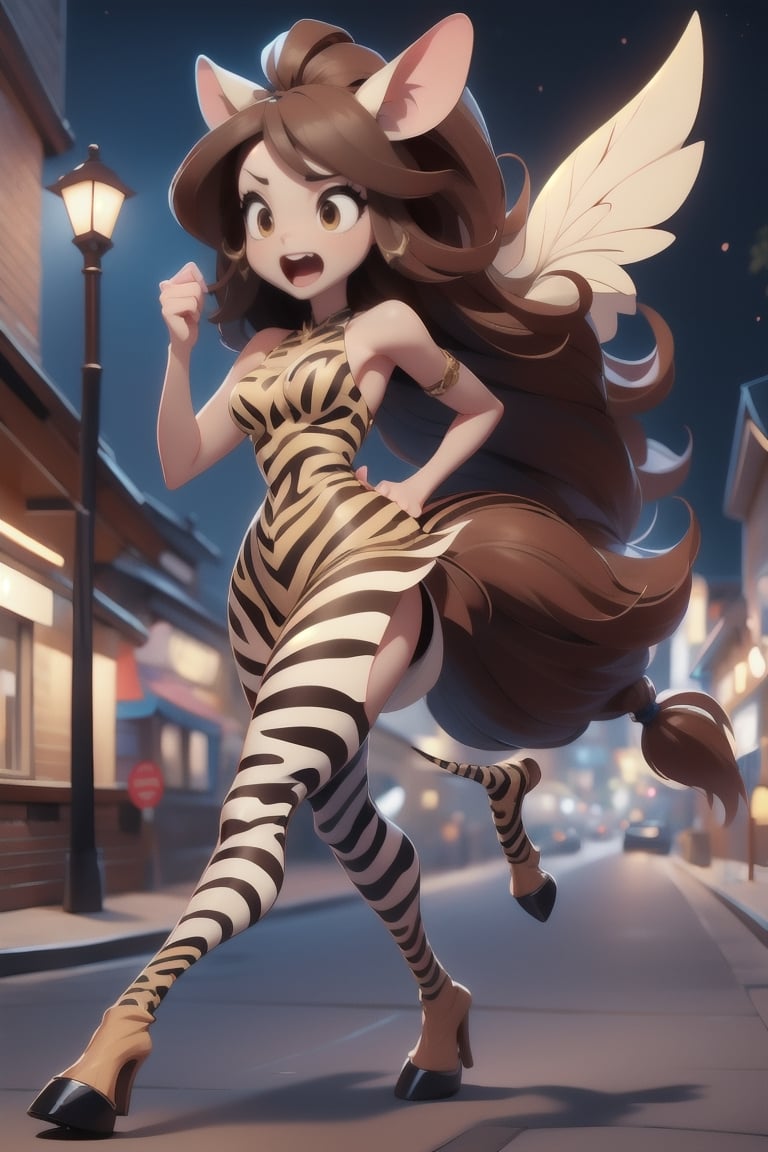 1girl,solo,long hair,
open mouth,
brown hair,
dress,
animal ears,tail,
night,
parody,
monster girl,
building,
running,
zebra ears, 
zebra girl,lamppost, 
zebra tail,street,hooves,1 girl