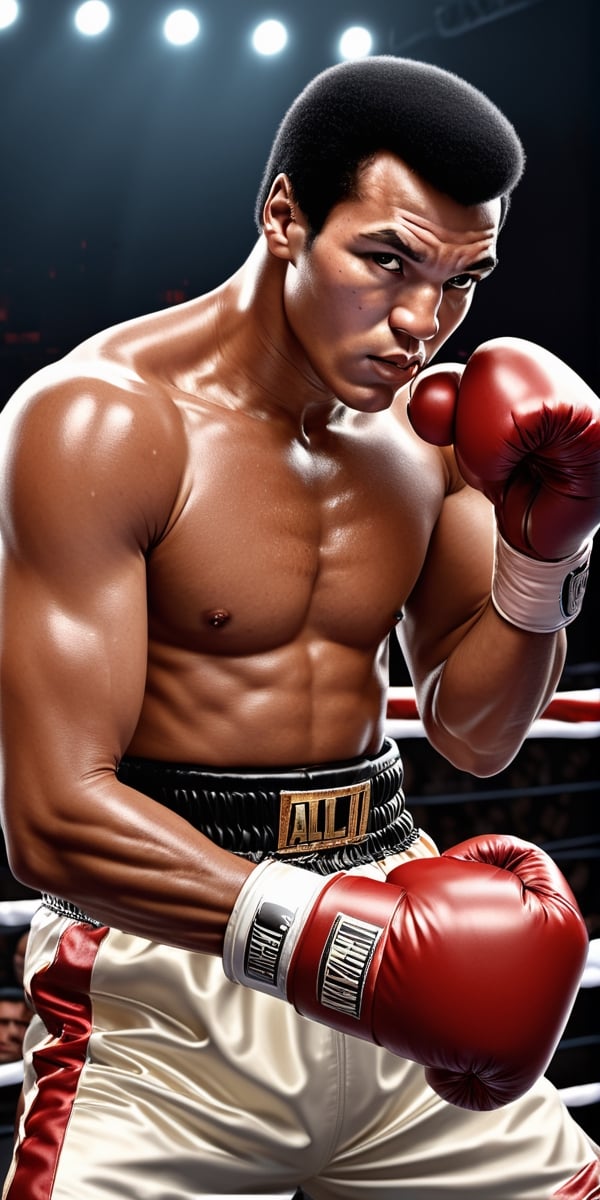 (+18) , NSFW,
Mohamed Ali, in a boxing ring,
 intricate, elegant, 8k, highly detailed, digital painting, concept art, smooth, sharp focus, concept art, ,Leonardo style 