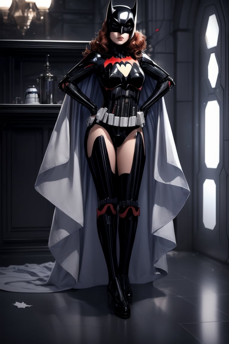 (+18) ,
beautiful sexy batwoman getting married to a stormtrooper in a palace kitchen,
Black and white tiles ,
Black suit with silver lines ,
Cleavage,
Full body shot,

,StormTrooper,1 girl