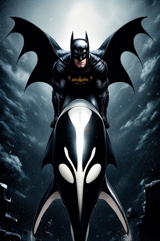 Batman,
 riding,
 orca killer whale ,
