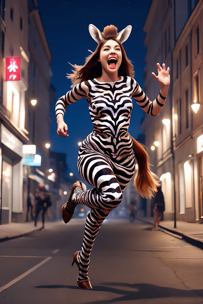 1girl,solo,long hair,
open mouth,
brown hair,
dress,
animal ears,tail,
night,
parody,
monster girl,
building,
running,
zebra ears, 
zebra girl,lamppost, 
zebra tail,street,hooves,1 girl