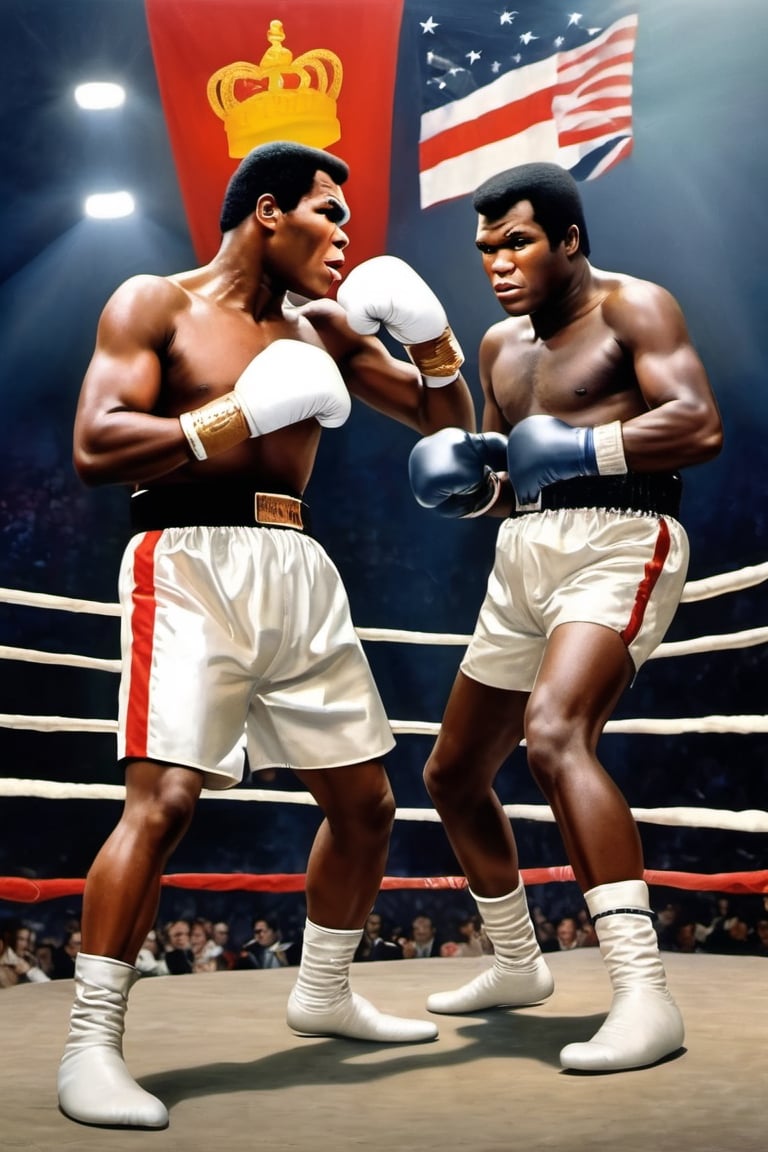 (King Kong) vs Mohammed Ali ,,
Boxing arena,
Boxing gloves,
White gloves,
Fight ,

Silver Cape,
