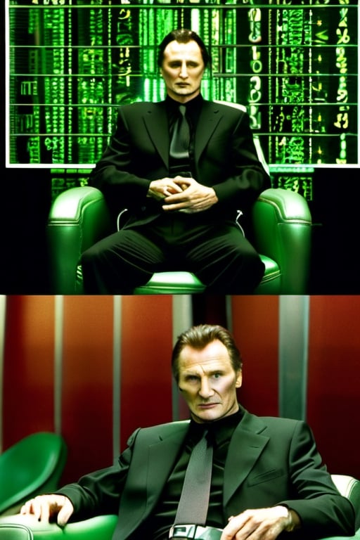 the matrix movie  , 
(masterpiece), 
(extremely intricate:1.3), 
(realistic),  
beautiful lighting, 
professional lighting, 
film grain,
portrait of (Liam Neeson) as morpheus ,
male focus, 
solo, realistic, 
, looking at viewer, 
green eyes, blurry, 
Shamrock ☘️ logo,
Light skin, formal, 
shirt, closed mouth, 
necktie, red chair ,
Irish theme,
,food ,more detail XL