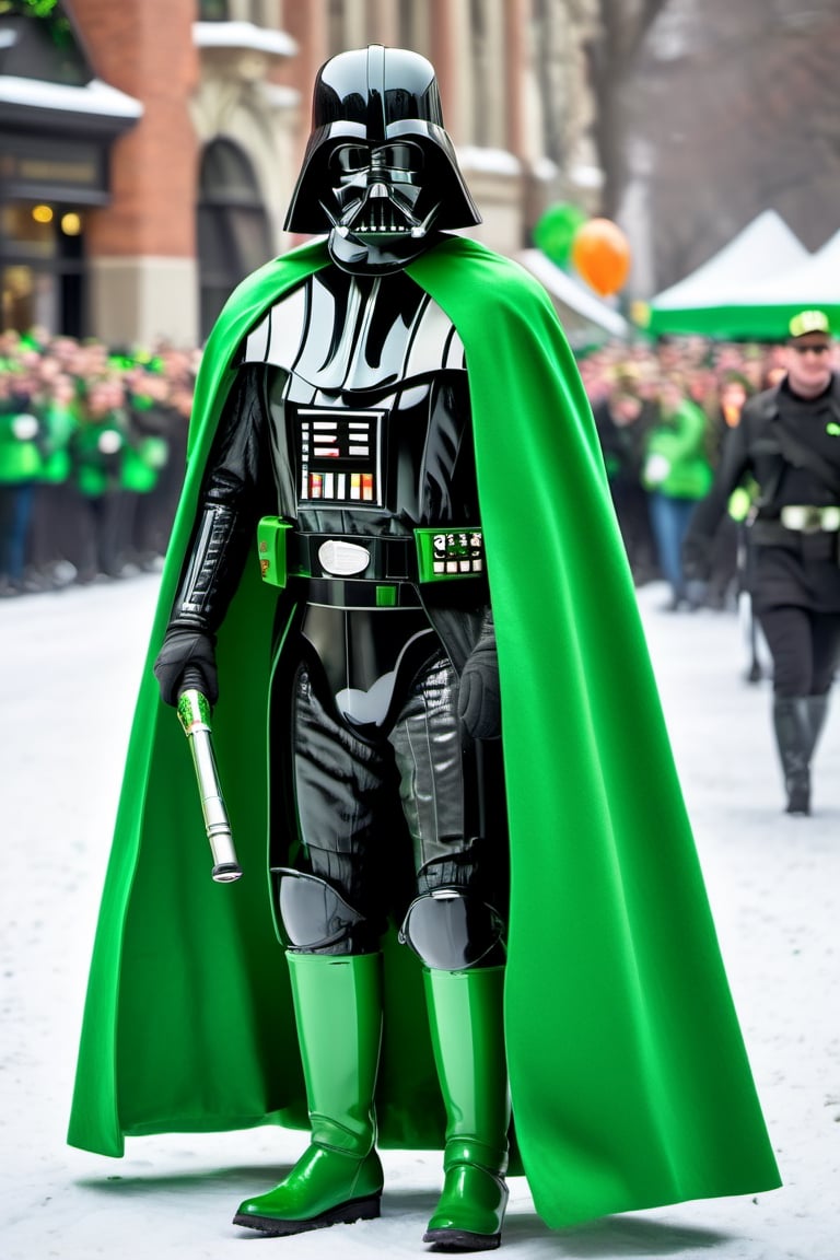 Saint Patrick Day parade,
Green Darth Vader costume,
Lucky 🍀 green clover logo ,
Green cape,
Green gloves,
Full body shot,
Green Boots,
Detailed,
Background of Irish clover 🍀 🍀 parade ,
Snow,
,food ,more detail XL,Extremely Realistic,stormtrooper