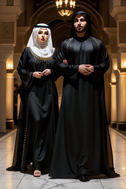 (+18) ,
1 man 1 woman , 
a couple husband and wife,
A sexy Arab woman , 
Wearing traditional Arabian abaya,
Black Long dress,
Satin dress,
Hijab ,
Cleavage,
RAW photo, 
8k uhd, high quality, 
big lips,
full_body,
m4d4m, 
hourglass body shape, ,
,IncursioPecEnvy