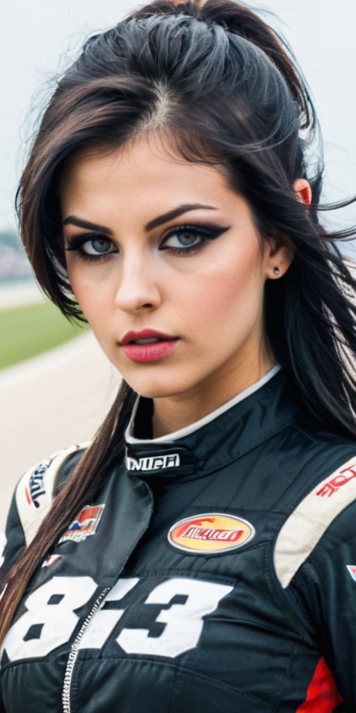 (+18) , NSFW , a young gothic sexy woman , perfect face , beautiful face , Nascar Racing tracks, Realistic, 