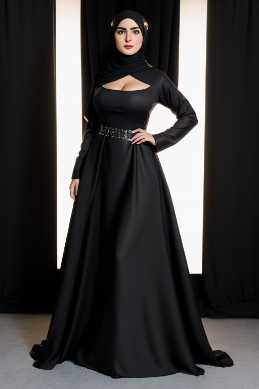 (+18) ,
1 man 1 woman , 
a couple husband and wife,
A sexy Arab woman , 
Wearing traditional Arabian abaya,
Black Long dress,
Satin dress,
Sexy tight dress ,
Open front abaya,
Hijab ,
Long Cleavage,
RAW photo, 
8k uhd, high quality, 
big lips,
((full_body shot)) ,
m4d4m, 
hourglass body shape, ,
,IncursioPecEnvy