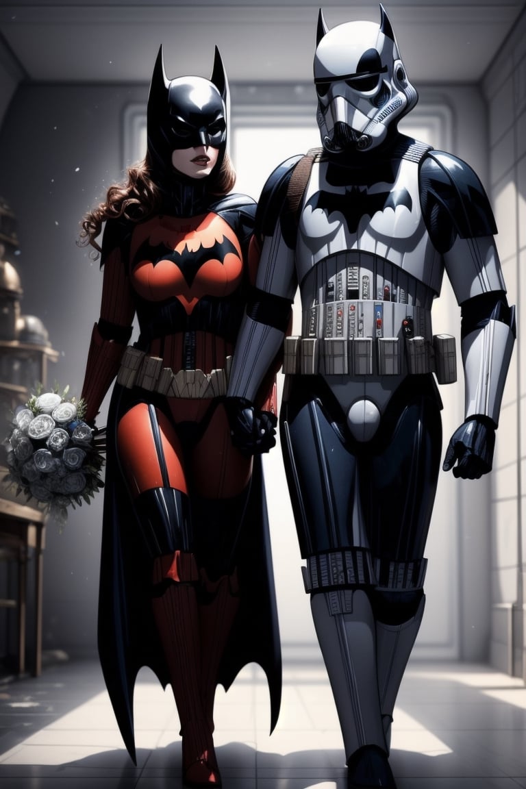(+18) ,
beautiful sexy batwoman getting married to a stormtrooper in a palace kitchen,
Black and white tiles ,
Black suit with silver lines ,
Cleavage,
Full body shot,

,StormTrooper,1 girl