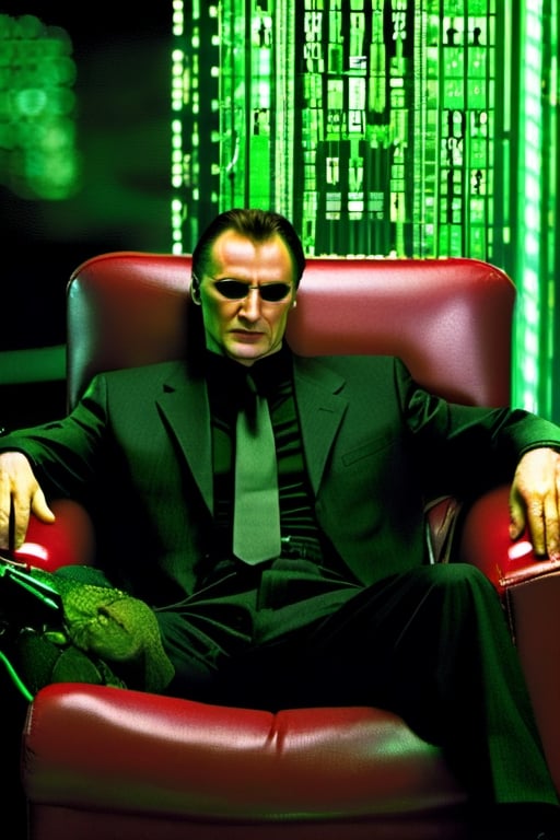 the matrix movie  , 
(masterpiece), 
(extremely intricate:1.3), 
(realistic),  
beautiful lighting, 
professional lighting, 
film grain,
portrait of (Liam Neeson) as morpheus ,
Full body shot,
male focus, 
solo, realistic, 
, looking at viewer, 
green eyes, blurry, 
Shamrock ☘️ logo,
Light skin, formal, 
shirt, closed mouth, 
necktie, red chair ,
Irish theme,
,food ,more detail XL