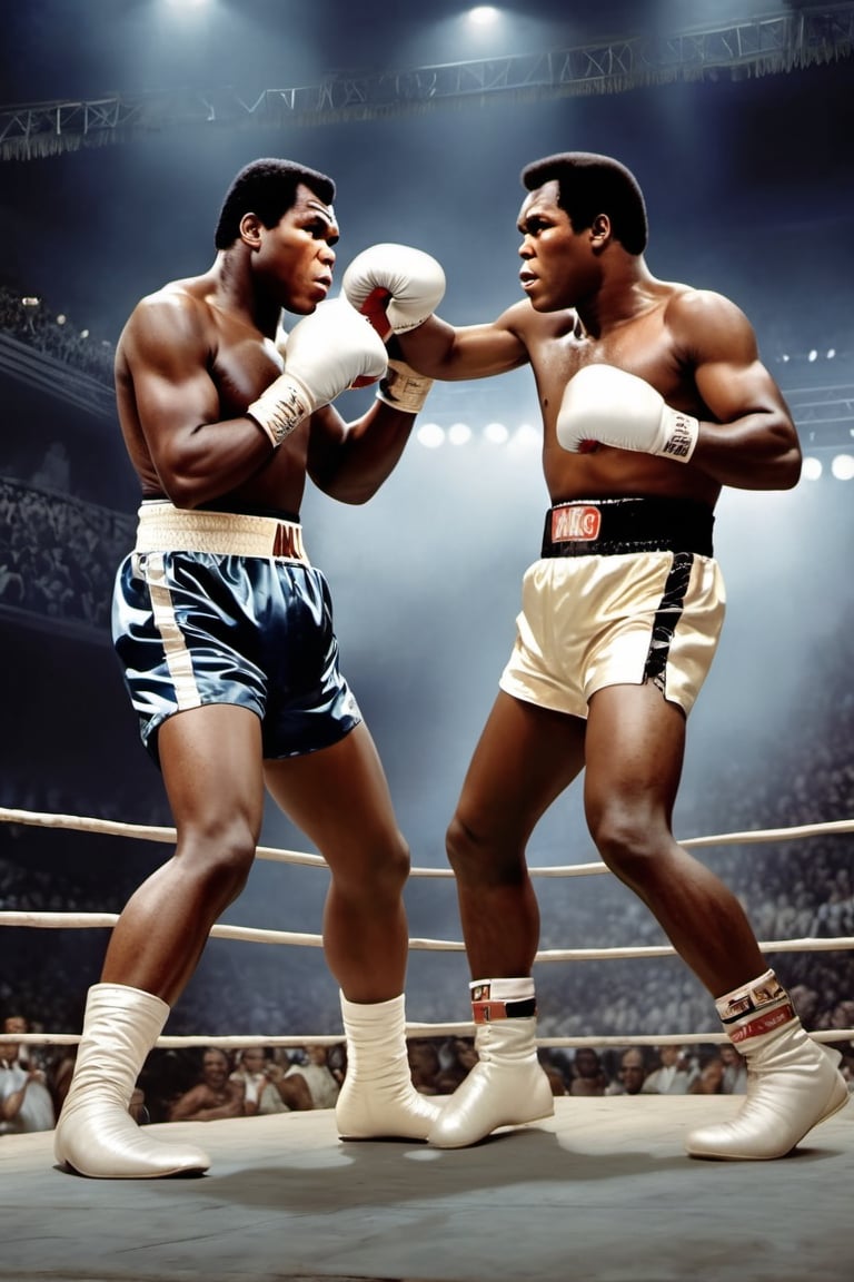 (King Kong) vs Mohammed Ali ,,
Boxing arena,
Boxing gloves,
White gloves,
Fight ,

Silver Cape,
