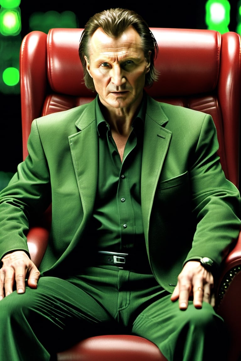 the matrix movie  , 
(masterpiece), 
(extremely intricate:1.3), 
(realistic),  
beautiful lighting, 
professional lighting, 
film grain,
portrait of (Liam Neeson) as morpheus ,
Full body shot,
male focus, 
solo, realistic, 
, looking at viewer, 
green eyes, blurry, 
Shamrock ☘️ logo,
Light skin, formal, 
shirt, closed mouth, 
necktie, ((red chair)) ,
Irish theme,
Red apple 🍎 and green apple 🍏 ,
On a plate,
,
,food ,more detail XL