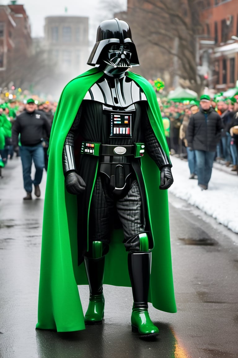 Saint Patrick Day parade,
Green Darth Vader costume,
Lucky 🍀 green clover logo ,
Green cape,
Green gloves,
Full body shot,
Green Boots,
Detailed,
Background of Irish clover 🍀 🍀 parade ,
Snow,
,food ,more detail XL,Extremely Realistic,stormtrooper