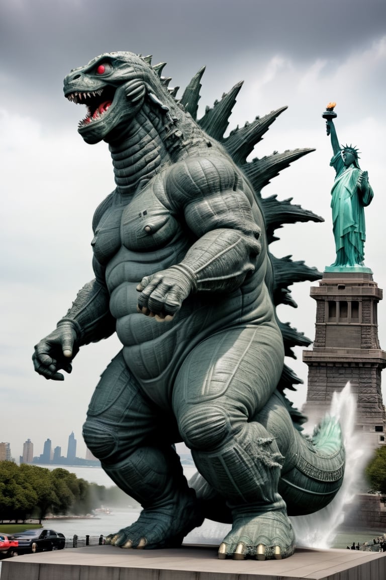 ((Godzilla)) running,
,
The statue of Liberty ,
scared face ,
, HDR, 
highly detailed, 
32k,
,
,more detail XL