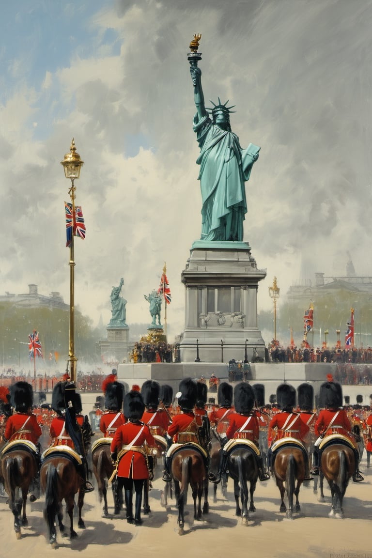 buckingham palace guards ,
In a parade,
Nearby,
(((The statue of liberty))) ,
Royal forces ,
Horses,
,
more detail XL,booth,more detail XL,,no humans,food ,painting by jakub rozalski